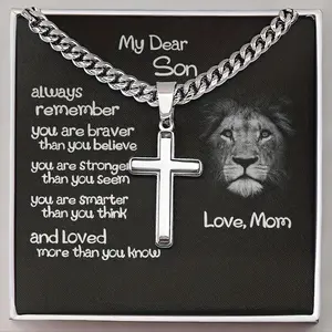 Inspirational Greeting Card & Cross Pendant & Gift Box Set, Casual Religious Jewelry Set for Son's Birthday, Perfect Gift for Son's Birthday, and Graduation, Valentine's Day Gift, Necklace Gift Box
