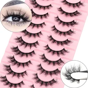 10 Pairs of Fluffy False Eyelashes, Stem Russian Curled Lash Strips, D Curl for Anime and Fashion Looks, Self-Adhesive and Reusable