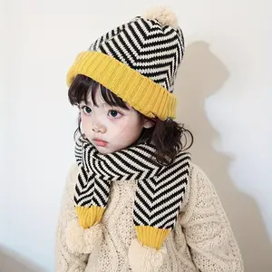 New Autumn and Winter Striped Knitted Hat and Scarf Set for Boys and Girls, Trendy Pullover Style Two-Piece Outfit(Gift)11