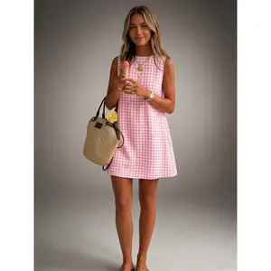 Women's Retro Gingham Sundress – Sleeveless Spaghetti Strap Mini Dress with Buttons, Cotton Summer Beach Outfit