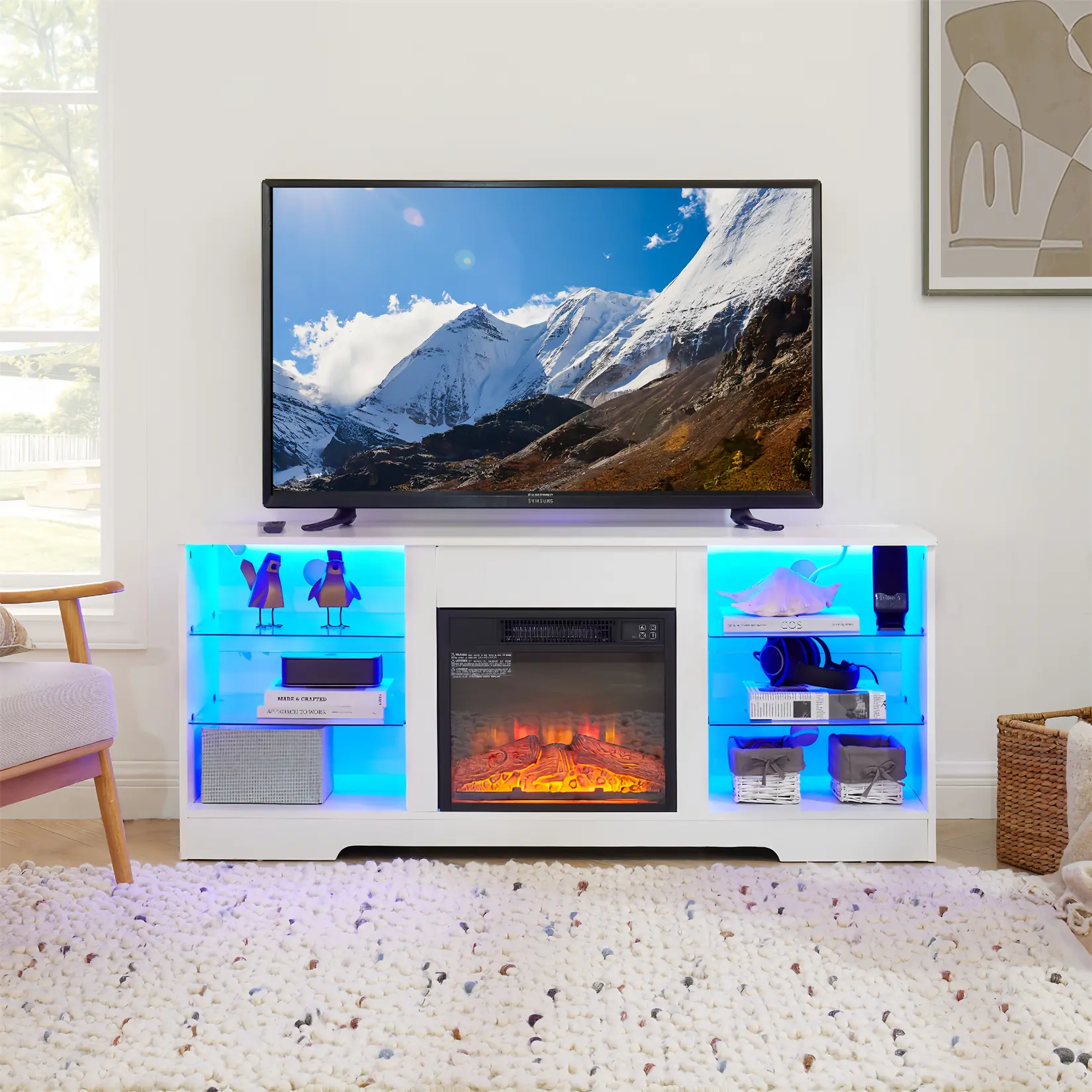 Electric Fireplace TV Stand with Glass Shelves, 3D LED Lights, USB Charging Outlet, Remote Control - Modern Wood Multifunctional Indoor Decoration Television Table for 32-62" TVs, Black 58"W×15.5"D×24.4"H