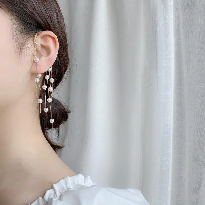 Y035W 2Pcs Faux Bead Tassel Ear Cuffs (2pc)