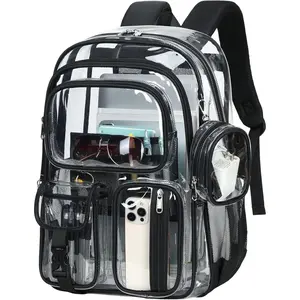 Clear Backpack for School,18 Inch  Heavy Duty Bookbag for Girls and Boys,Durable See Through PVC Transparent School Backpack for Travel(Black)