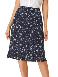 INSPIRE CHIC Floral Skirts Ruffle Elastic High Waist Button Flowy Split Midi Skirt Dark Blue