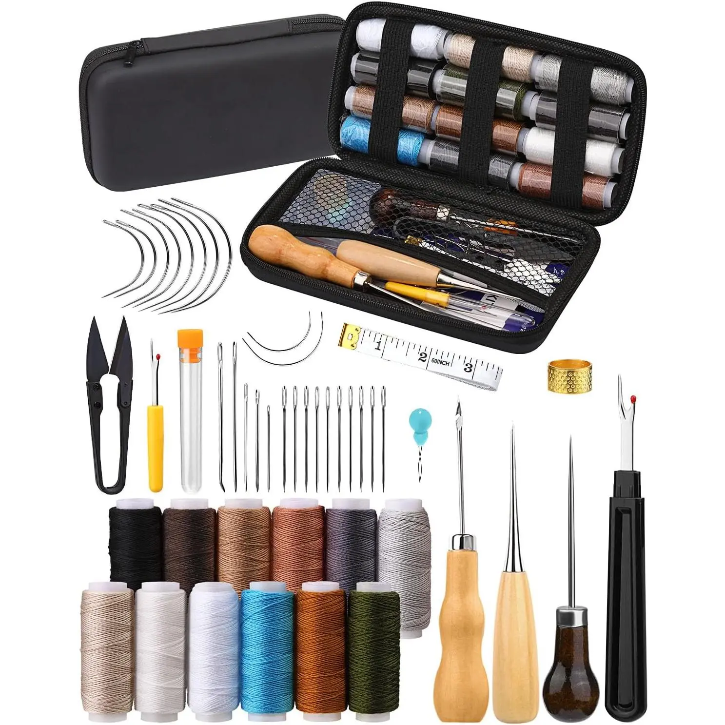 Thimble Leather Stitching Kit for Carseat Carpet Shoes Backpack Repair - 48 Count Leather Sewing Kit with Upholstery Thread, Sewing Awl & Seam Ripper