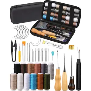 Thimble Leather Stitching Kit for Carseat Carpet Shoes Backpack Repair - 48 Count Leather Sewing Kit with Upholstery Thread, Sewing Awl & Seam Ripper
