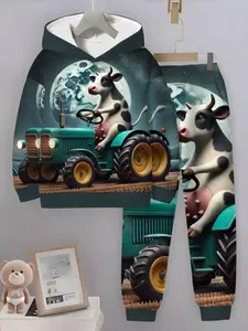 Creative Cow Driving Vintage Tractor Scene, Starry Sky & Full Moon Background, Casual Fitted Clothing for Kids & Cute Style Lovers