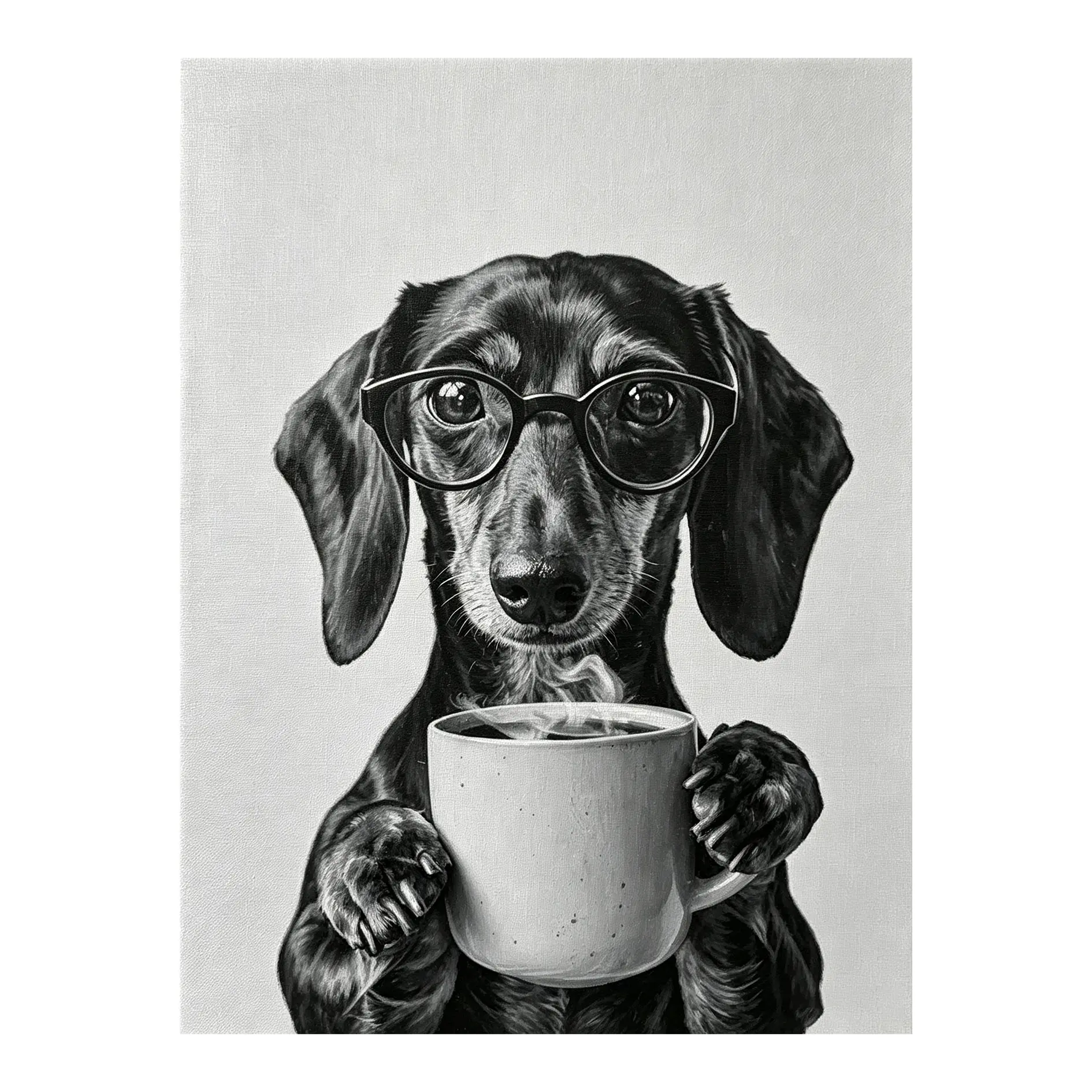 A bespectacled dachshund enjoying a coffee, featuring a blend of Art Deco and oil painting styles—a modern-retro dog art print suitable for home offices, living rooms, bedrooms, and kitchens.