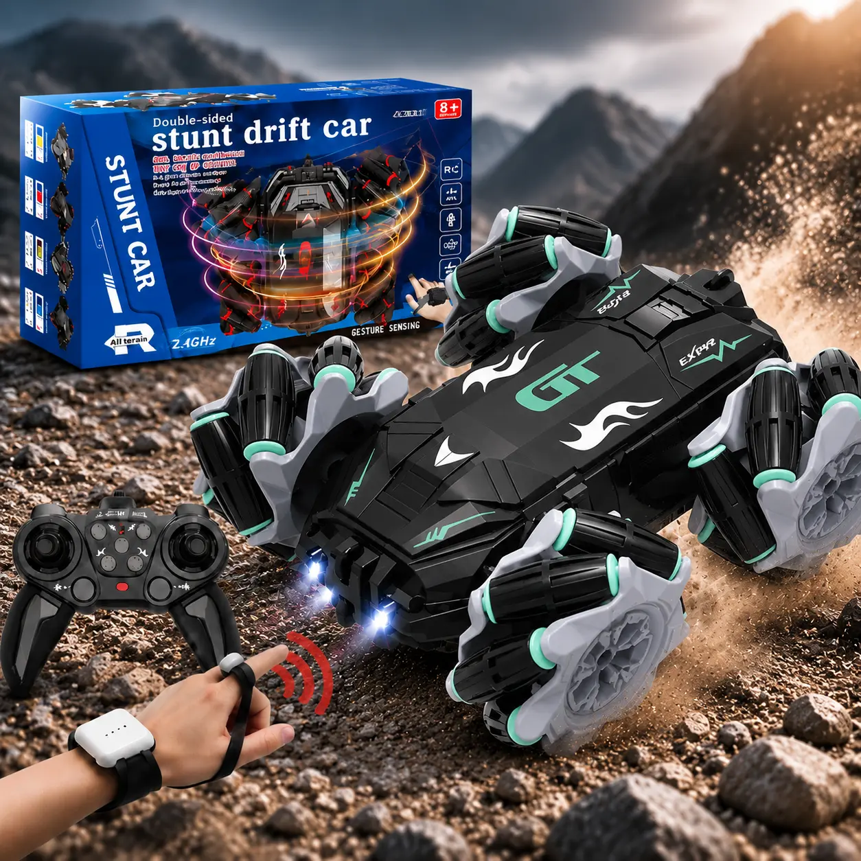 Gesture Sensor Control 2.4GHz High-Speed 4WD Rechargeable RC Stunt Car 360° Flip Rotation Double-Sided Off-Road LED Lights & Music, Holiday Gift for Boys Ages 6+, Easter Christmas Birthday Gifts