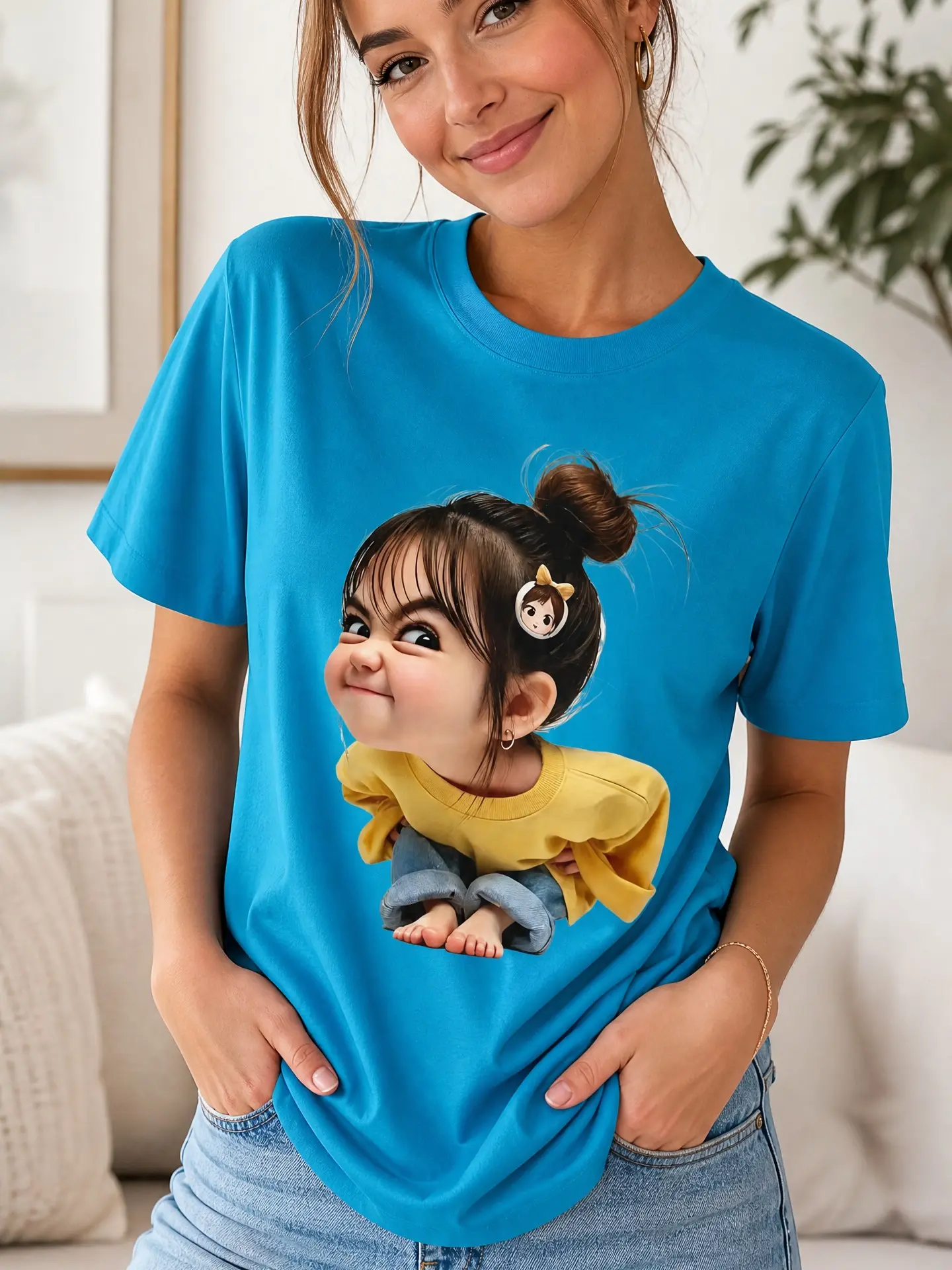 Women's Fitted Cut Short-Sleeve Cotton T-Shirt - Vibrant Grumpy Bun Cartoon Print, Round Neck, Casual Everyday Piece for Girls' Clothes, Comfortable Statement Top