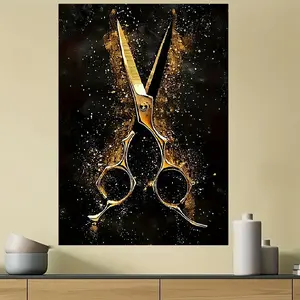 1 Piece Barber Shop Wall Art - Black and Gold Barber Tools Canvas Painting, Fashion Frameless Decoration, Suitable for Bedroom, Living Room, Office or Hair Salon, Perfect for Modern or Vintage Aesthetic Spaces, Office Wall Art| Scissors Themed Art| Golden