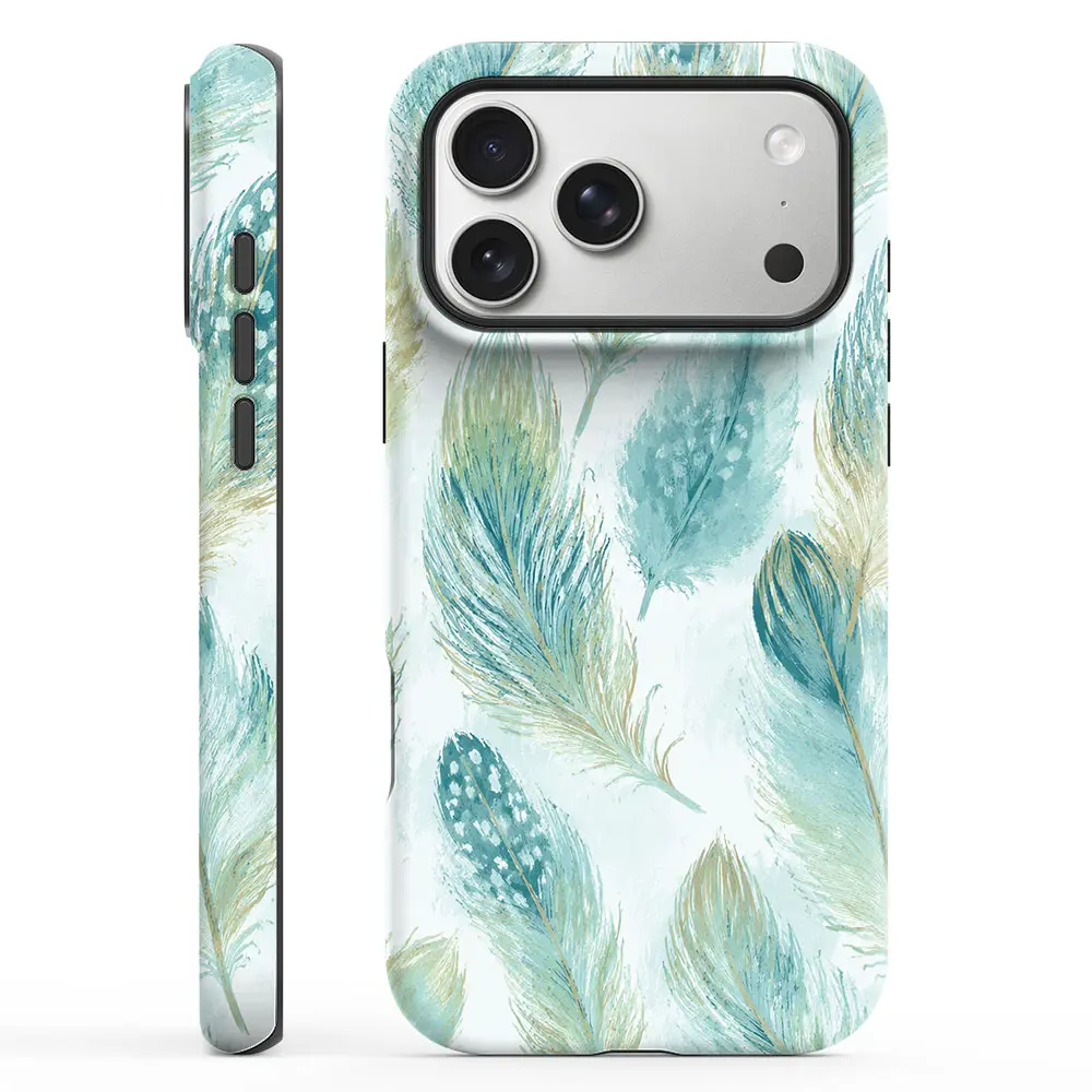 Turquoise Feather Case for iPhone 17 Pro Max 16 Pro Max 15 Plus 14 13 12 11 Premium Fashion Design Lens Protection Wear-resistant All-inclusive Drop Protection Straight Edge TPU Smooth Shock Absorption Pollution Prevention