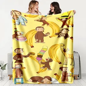 Curious George Banana Theme Flannel Blanket, Soft Lightweight Warm, Perfect for Bedroom Holiday Decor, All Seasons, Multifunctional Gift