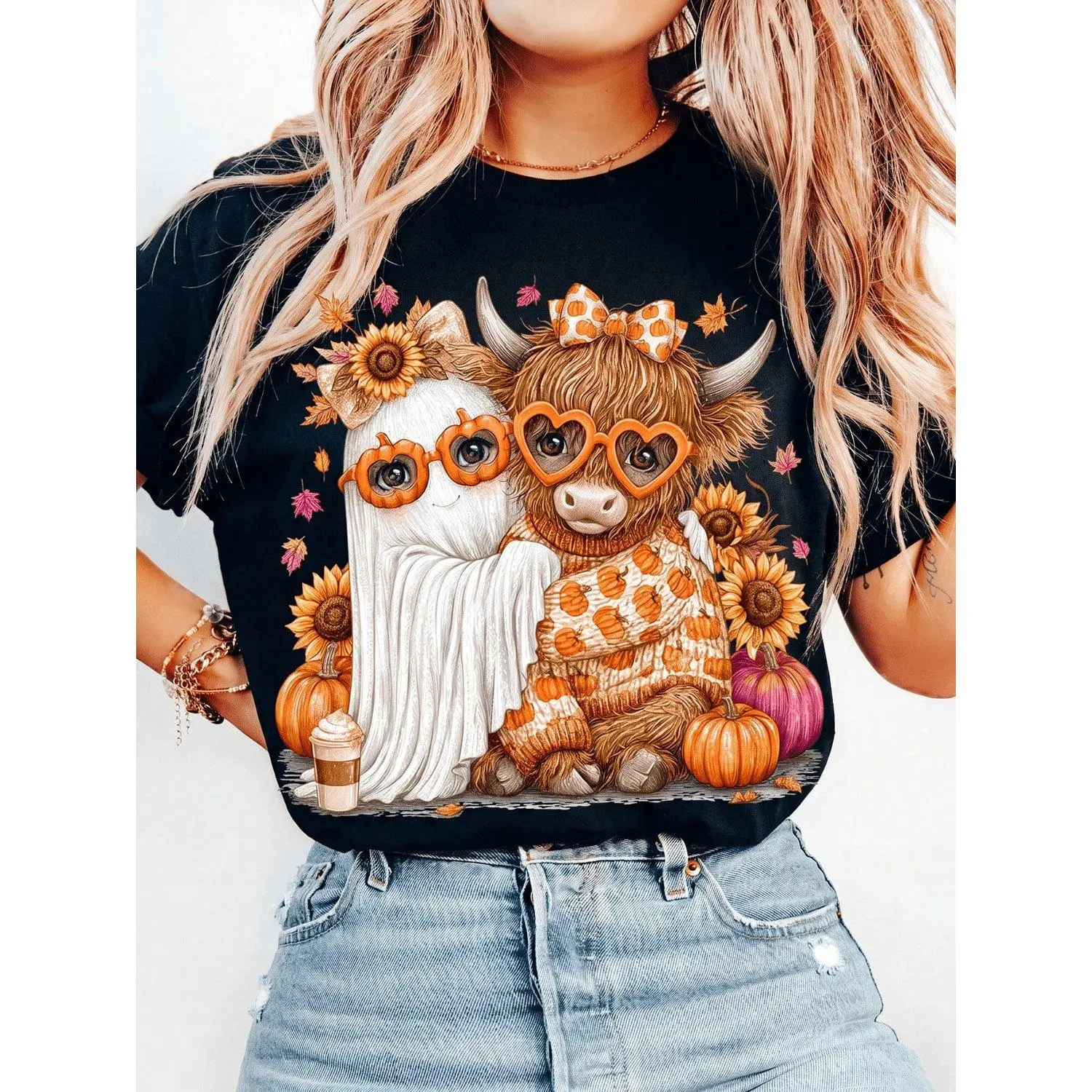 Adorable Fall Highland Cow Ghosts Halloween Horror Season Fall Cow Shirt Ghost Sublimation Pattern Fall Pumpkin Cow Lovers T Shirt Apparel Style