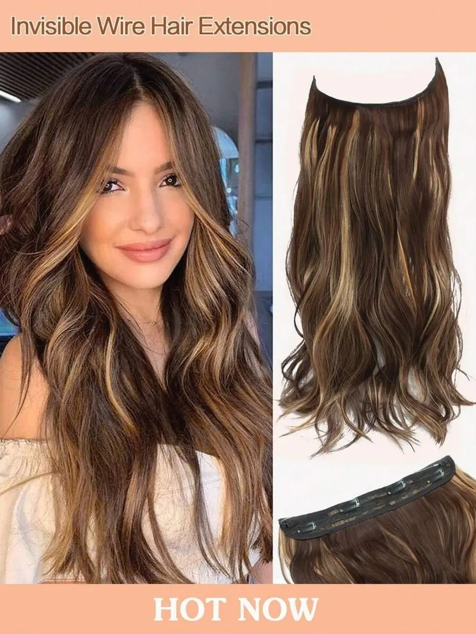 Invisible Wire Hair Extensions Dirty Blonde with Dark Root, Natural Wavy Synthetic Hairpiece for Women, No Clip Halo Hair Extension, Lightweight Voluminous Hair Extensions