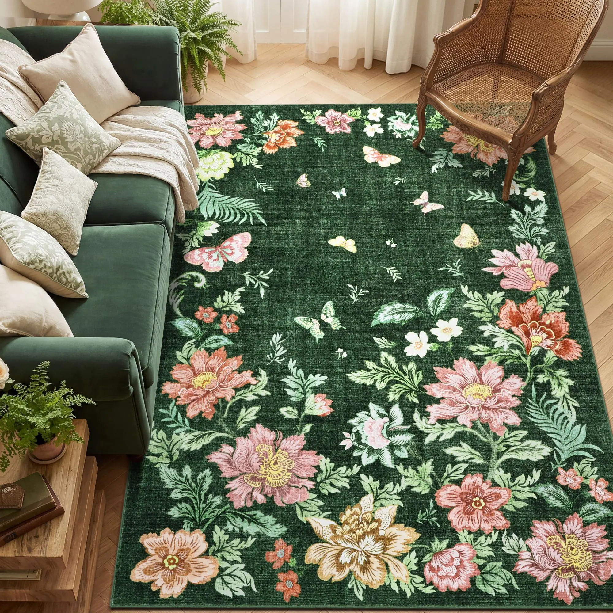 GAOMON Washable Area Rug, Soft Pearl Velvet Carpet, Non Slip Low Pile, Stain Resistance, Machine Washable Foldable Rug, Floral Pattern Modern, for Living Room, Bedroom, Dining Room, Dark Green  8*10ft