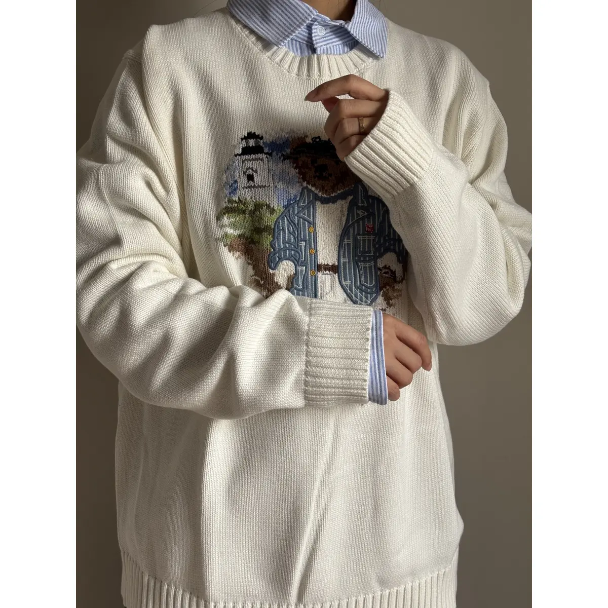 Women’s Bear Graphic Knit Sweater, Long Sleeve Crewneck Pullover, Casual Cozy Fall Winter Top
