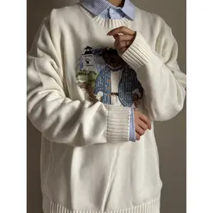 Women's bear embroidery sweater, new style for spring and autumn, 100% cotton, casual style, sizes from S to XL, multi-functional knitted casual women's short top, suitable for daily wear