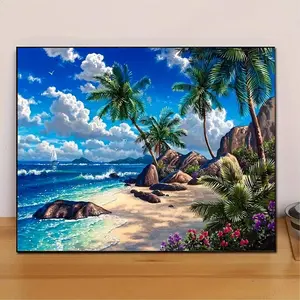 5D DIY Diamond Painting Kit, Tropical Beach Scene, Round Acrylic Diamonds, Full Drill Embroidery, Home Wall Decor, Creative Gift Idea