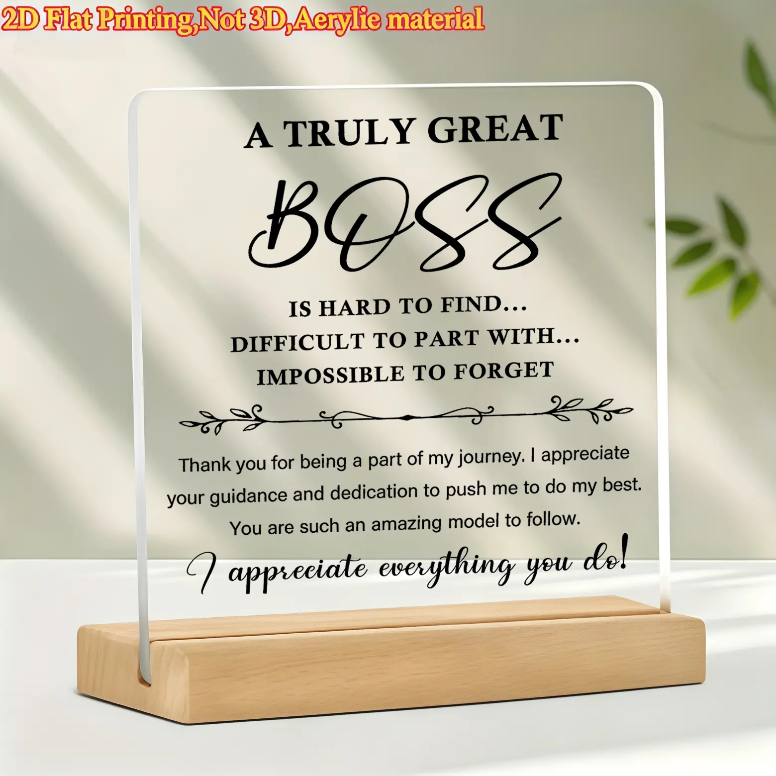 Clear Acrylic Tabletop Plaque with Wooden Stand, Appreciation Gift for Boss Manager Leader, Thank You Boss Day Christmas Retirement Decor