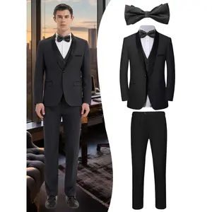 Four Piece Boutique Men'S Suit Set: Suit Jacket+Vest+Pants+Black Tie, British Style, Fashion Preferred, Shawl Collar, Simple, Multifunctional, Paired with Black Tie to Show Gentlemanly Demeanor, Suitable for Business, Banquets, Weddings And Other Events
