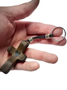 Premium Walnut Wood Cross Keychain, Beautiful Heart Pattern, Adjustable Metal Buckle, Car Key Accessory, Backpack Pendant, Gift, Wooden Keychain, Heart Design Keychain