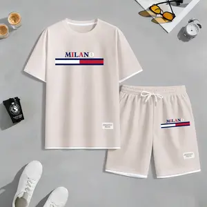 Men’s Milano Printed Crew Neck T-Shirt and Drawstring Shorts Set, Menswear, Casual Athletic Short Sleeve Top & Shorts for Spring & Summer, Men’s Clothing for Daily Wear, Sportswear Indoor Outdoor, Two-Piece Outfit, Athleisure