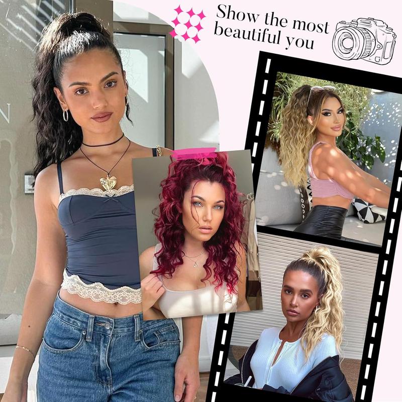 Curly Wavy Ponytail Extension 18 Inch Long Pony Tail Claw Clip Hair Extensions Fluffy Natural Looking Hair Piece Synthetic Hairpiece for Women Girls Party Daily Use Brown with Blonde Highlights Wave Wig Clip Hair Extensions