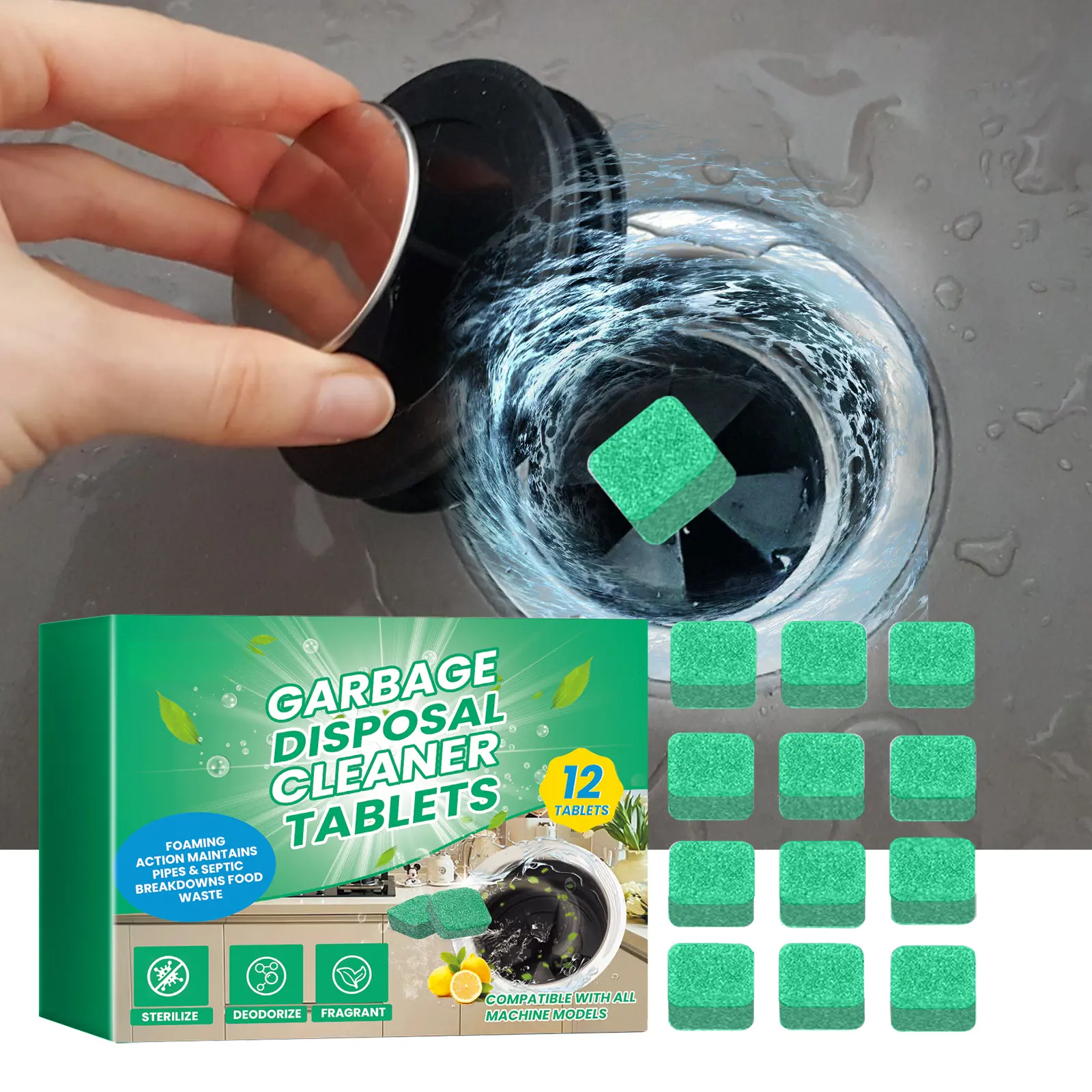 Solid Enzymatic Drain Unclogger Tablets - 12 Pcs Non-Chlorinated Biological Enzyme Home Cleaning Supplies, Lemon-Scented Odor-Fighting Enzymatic Cleaner for Kitchen Garbage Disposal Pipeline, Household Cleaning Products