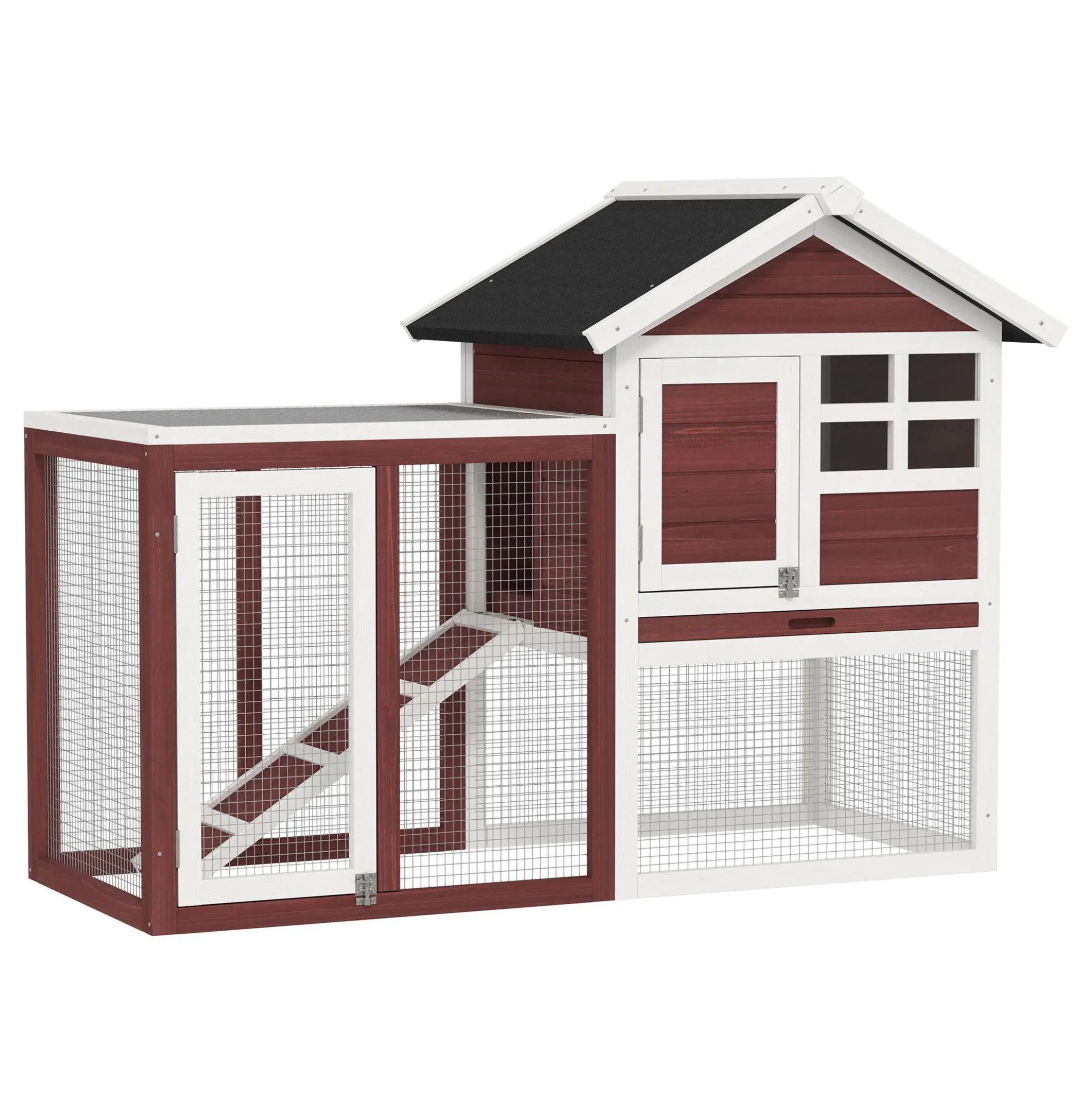 Rabbit Hutch Outdoor Indoor 2-Story Bunny Cage with Run Removable Tray Brown