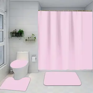1/4 piece pink pattern, Shower curtain sets, set includes shower curtain, toilet seat cushion, bathroom cushion and toilet lid cover, bathroom decoration with 12 hooks, waterproof partition curtain, bathroom decoration accessories