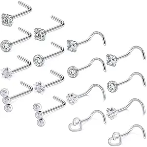 18G 20G Nose Rings Studs Stainless Steel L Shaped Screw Nose Rings  Cubic Zirconia Nostril Nose   for Women Men