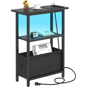 Narrow Side Table with  Station and LED Light, Skinny End Table for Small Spaces, Thin Sofa Side Table with 1 Fabric Drawer, Slim Nightstand for Living Room, Bedroom, Black