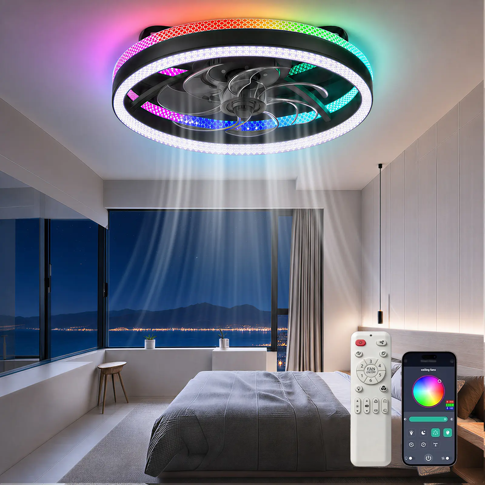 DEMILARE 19.7" RGB Ambient Ceiling Fan with Light and Remote, Modern LED Dimmable Flush Mount Smart Fan, App Control, 6 Speed Reversible Motor, Low Profile Fan Lights for Gaming Room Decor, Bedroom, Living Room, Kitchen,SummerFinds,Summer Turn Up