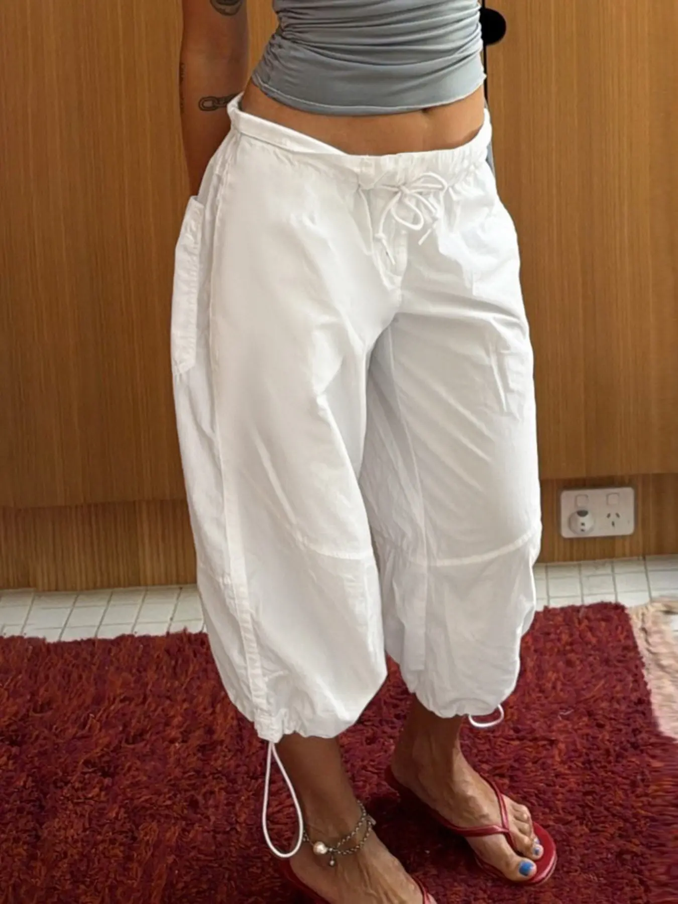 Pure Color Drawstring Tie Waist Loose Fit Casual Mid-Length Pants, Y2K Street Fashion Capri Pants, Spring & Summer Versatile Retro Capris for Women, Casual Streetwear Pants