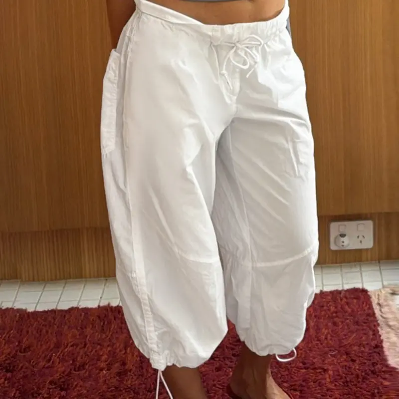 Pure Color Drawstring Tie Waist Loose Fit Casual Mid-Length Pants, Y2K Street Fashion Capri Pants, Spring & Summer Versatile Retro Capris for Women, Casual Streetwear Pants