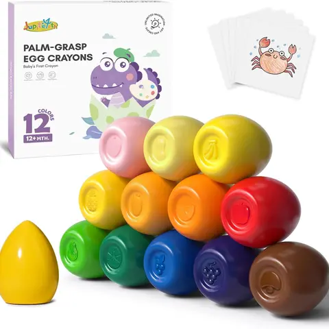 JUPITEARTH Egg Crayons for Toddlers 1-3, 12 Vibrant Colors Non Toxic Washable Palm Grasp Crayons, Jumbo Easter Basket Stuffers for Kids, First Coloring Fat Brain Toys for Toddlers & Preschoolers - Art Materials, Art Color Set