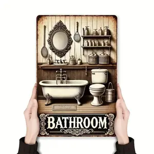Room Decor 1pc Vintage Bathroom Metal Tin Sign, 8x12inch, Iron Wall Art, Rustic Plumbing Decor for Bar, Cafe, Beach House, Farmhouse - "Toilet" 2D-Style Decoration