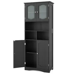 COSTWAY - 58.5 Inch Freestanding Linen Bathroom Storage Cabinet with Frost Glass Doors-Black