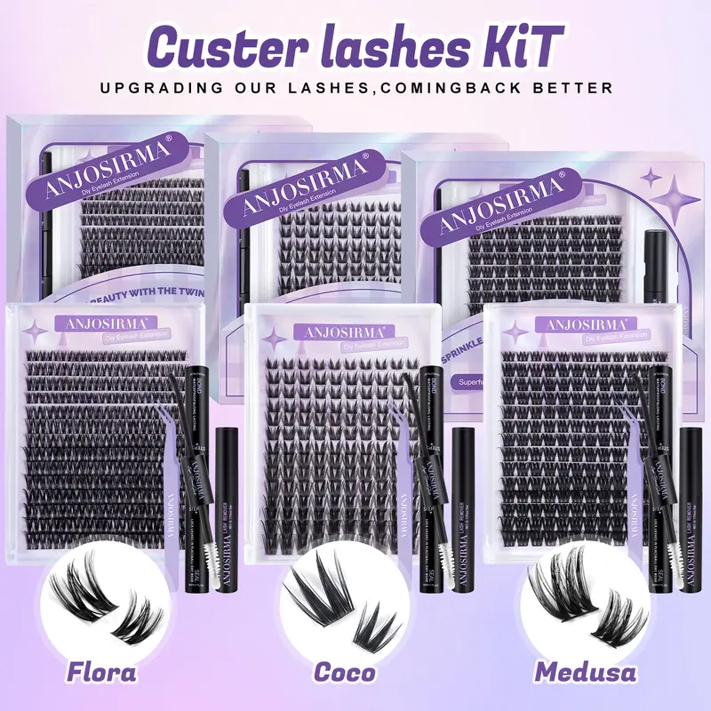 ANJOSIRMA DIY Eyelashes Kit - 0.05mm Nature D Curl Lash Cluster Set with All-Day Wear Glue, Bond, Seal, Tweezers, Remover, Easy At-Home Application, Accessories Kit for False Eyelashes & Adhesives, Gifts for Girls