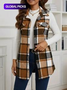 women's plaid print button front vest coat, casual pocket design collared waistcoat for fall, fall outfits, fashion women's clothing for daily wear, trending clothing women, womenswear, clothes for women, casual sleeveless outerwear