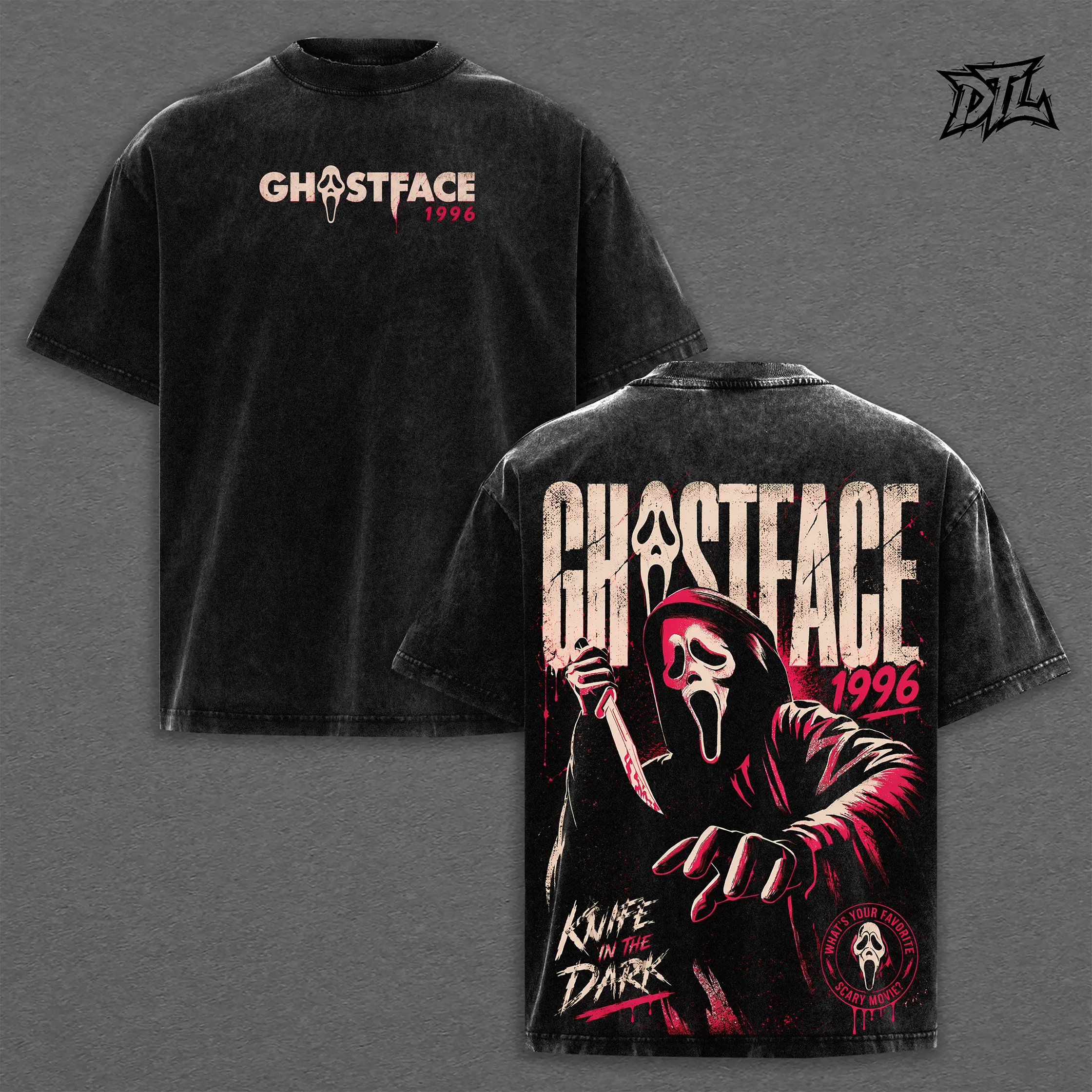 Scream Ghostface 1996 Acid Wash T-Shirt | Oversized Heavyweight Tee Knife In The Dark What's Your Favorite Scary Movie Graphic Print Vintage Goth Dark Streetwear Top Unisex