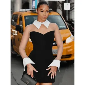 summer spring clothes Mesh Patchwork Dress Women Contrast Polo-Neck Flare Sleeve Vacation Fashion Street Casual SImple Elegant Mini Bodycon Womenswear Check Formal Light