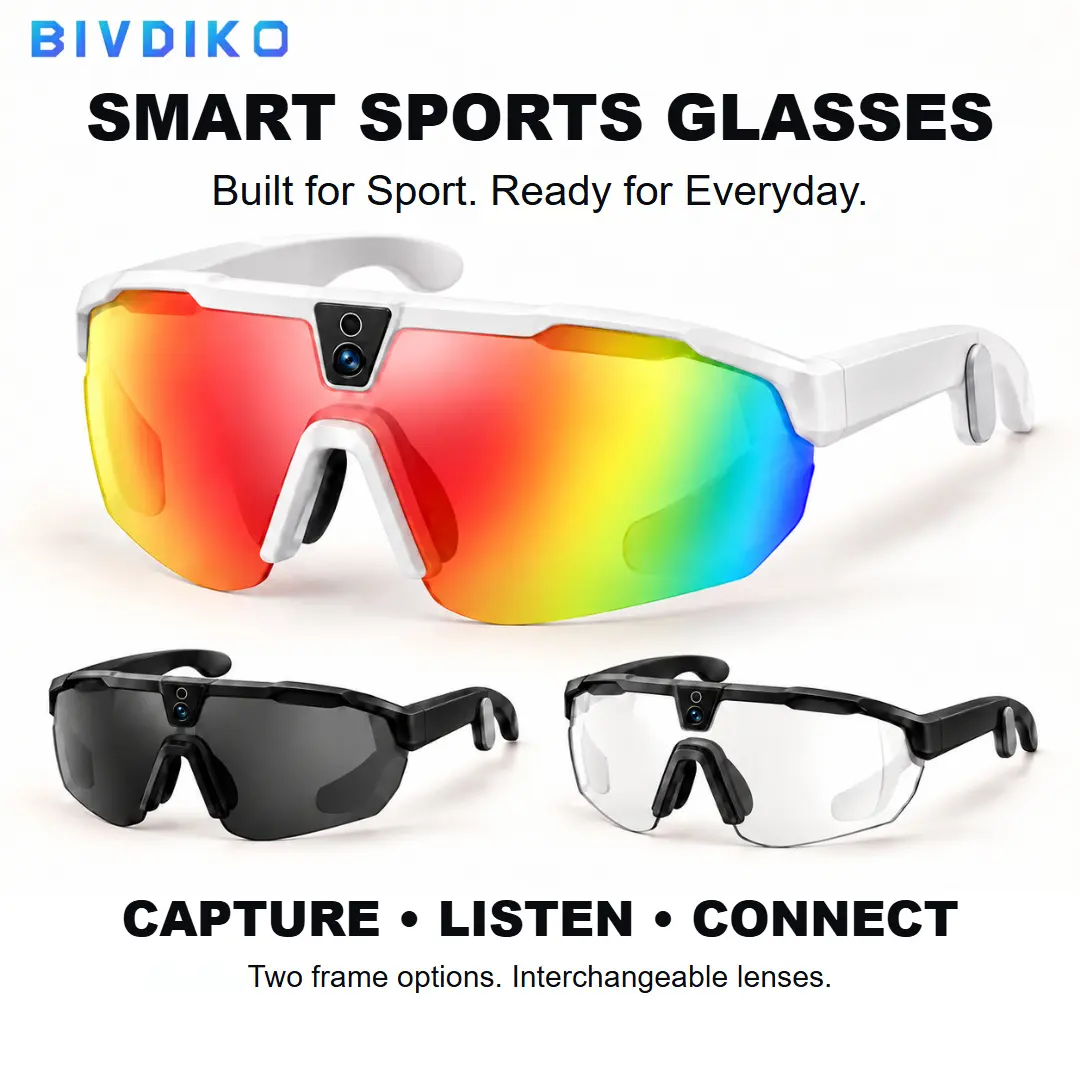 BIVDIKO Smart Sports Glasses – 8MP POV Camera, Open-Ear Audio, Intercom & Sports Analysis App