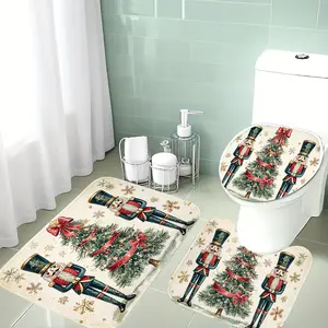 Christmas Theme Bathroom Mat Set, Nutcracker Soldier, Ribbon Tree, Snowflake Design, Soft Flannel, Non-Slip, Holiday Decor