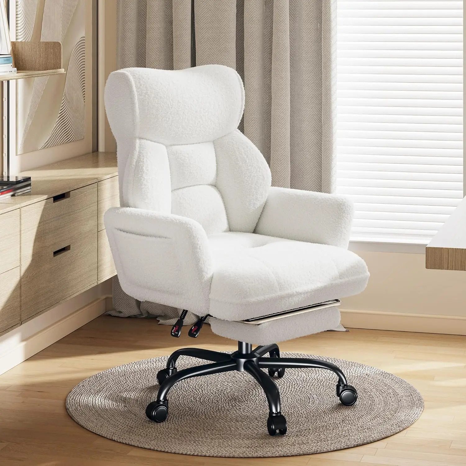 Big and Tall Ergonomic Office Chair in Plush Teddy Fleece, High Back Design for Full Body Support with Adjustable Arms, Retractable Footrest & Gas Lift Base for Home Office, White, Adjustable Height Seat, High Back Chairs