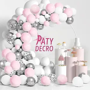 Silver Pink Balloons Garland Kit, 100pcs White and Silver Confetti Metallic Latex Balloons Arch with 16ft Tape Strip & Dot Glue for Girl Baby Shower, Birthday Party, Wedding, Anniversary Decorations