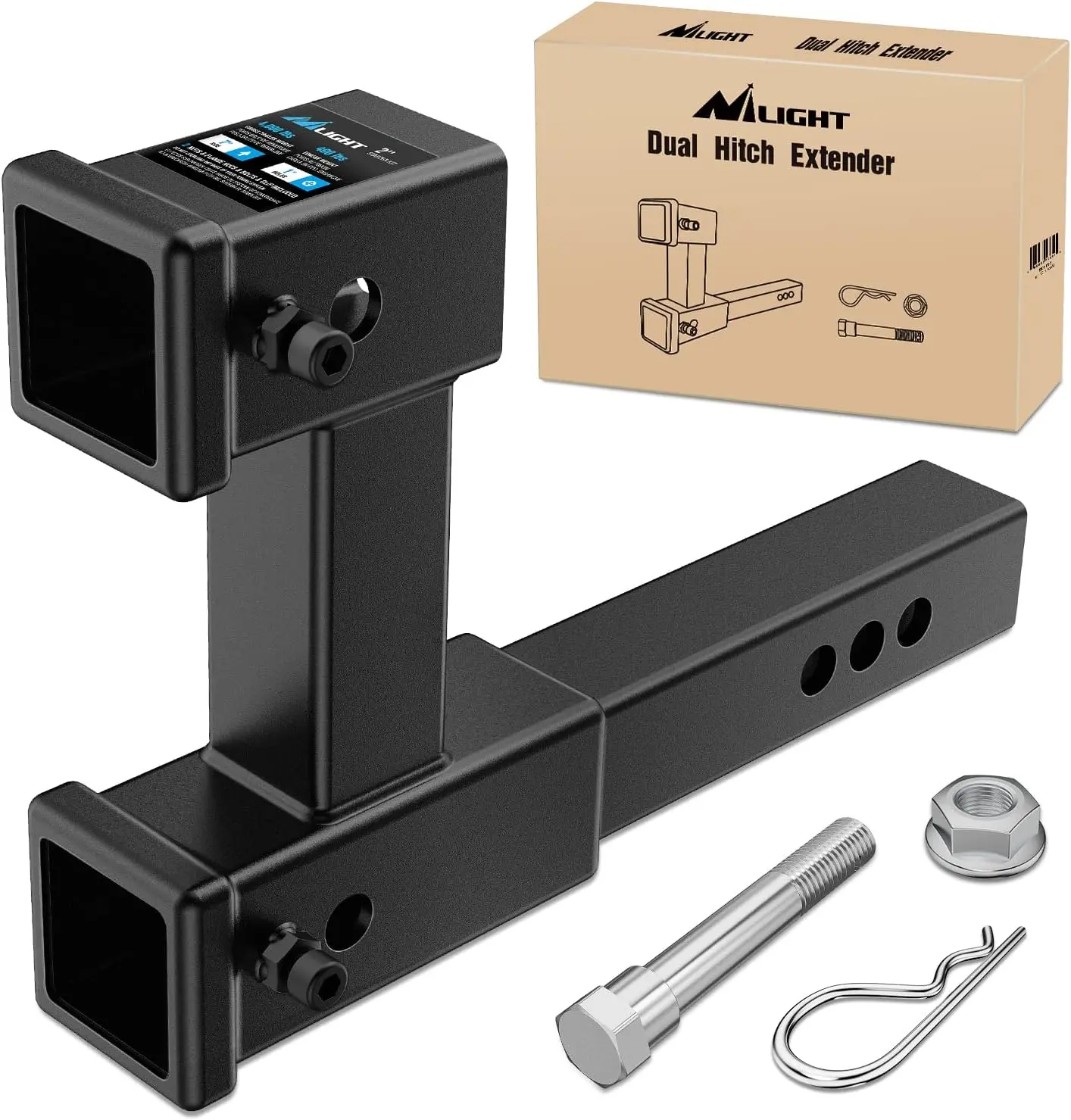 Nilight Adjustable Forged Steel Dual Hitch Extension with Bolt Nut Kit & Anti-Rattle Clip, 2-Inch Universal Fit Receiver, 10-in Max Length Adjustment, 7.5-in Riser/4000 lbs GTW Drop, Automotive Towing & Boating Accessories, 4,000 Lbs