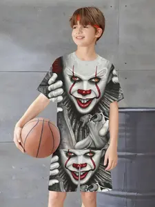 Boys' Summer Horror Theme Sports Two-Piece Set, Pennywise Clown Print Short Sleeve, Casual Fitted Kids Clothing Costumes