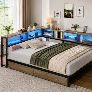 ARCH Twin Size Corner Bed Frame with Bookcase and 2 Underbed Storage Drawers, LED Lights and Charging Station, MDF+Metal, Grey, No Box Spring Needed, Space-Saving for Bedroom, Twin Size Options, Bedroom/Black/Full/Grey Color Options